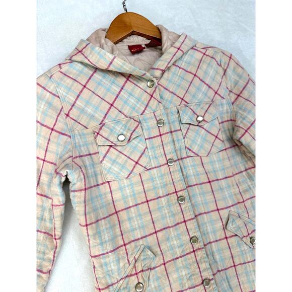 Quilted Plaid Shacket Jacket Womens Medium Pearl Snaps Western Hooded Peach‎ - Picture 10 of 14